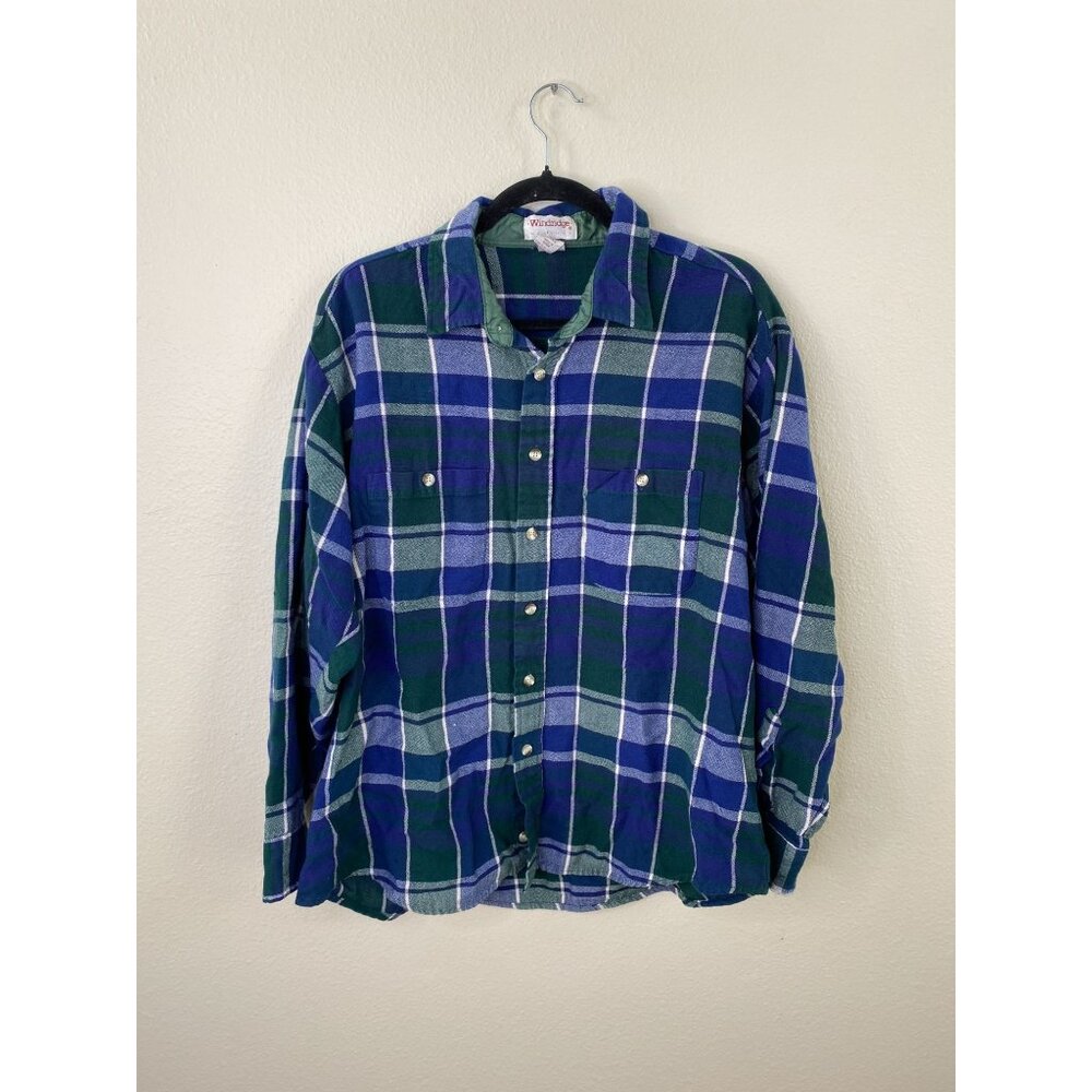 Windridge Mens Plaid Flannel Shirt XL Button-Down Green Blue Long Sleeve Vintage